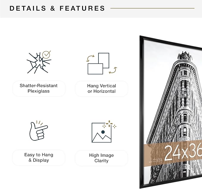 MCS Trendsetter 24x36 Poster Frame Black High-Gloss, Vertical & Horizontal Wall Hanging Large Picture Frame for Photos, Posters & Art Prints (2-Pack)
