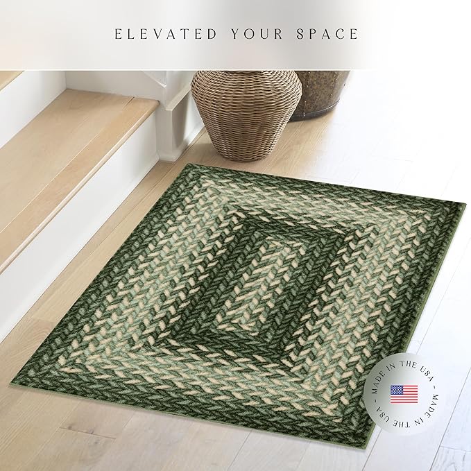 Maples Rugs Marion Bohemian Braided Design Print Area Rug – Made in USA – Washable, Non Slip Indoor Carpet for Entryway, Foyer, Kitchen, and Bathroom, 46" x 30", Green
