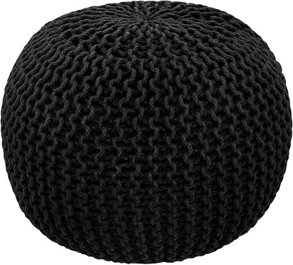 COTTON CRAFT Round Pouf - Hand Knitted Cotton Braid Cord Cable Dori Floor Pouf - Foot Stool Ottoman Footrest Accent Seat Furniture Bean Bag - Living Room Kids Room Nursery Dorm Décor - 20x14 - Black