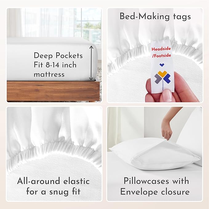 California Design Den King Size Sheets Set - Natural 100% Cotton Sheets King Size with Deep Pockets, Soft Sateen Weave, Breathable and Durable Bedding Set (White)