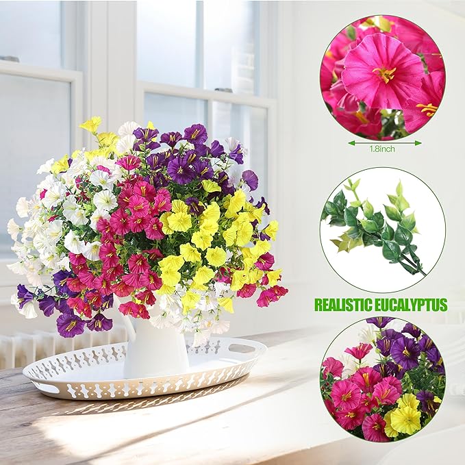 Artificial Flowers for Outdoors 12 Bundles Realistic Faux Plants UV Resistant Fake Silk Morning Glory with Eucalyptus for Front Door Planter Patio Porch Spring Summer Decoration (4 Mixed Color)
