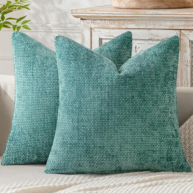 MIULEE Pack of 2 Couch Throw Pillow Covers 18x18 Inch Aqua Green Modern Boho Accent Decorative Pillow Covers Soft Chenille Farmhouse Cushion Covers for Home Decor Bed Sofa Living Room
