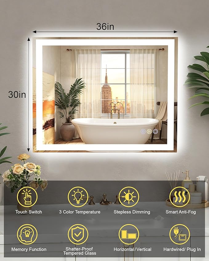 30"x 36" LED Bathroom Mirror with Front and Backlit, 3 Colors Wall Vanity Mirror with Lights, Controlled Separately LED Smart Mirror for Bathroom, Anti-Fog, Stepless Dimmable, Memory(ETL)
