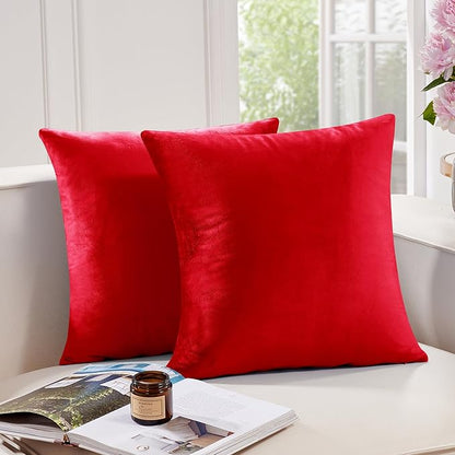 Deconovo Decorative Velvet Throw Pillow Covers 16x16 Inch Set of 2, Soft Square Cushion Cases for Couch Sofa Living Room Decor Bedroom Outdoor Right Red Pillow Covers with Invisible Zipper