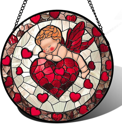 Stained Glass Window Hanging - Red Love Angel Sun Catcher for Door Garden Home Decor Cute Suncatcher Christmas Mother's Day Birthday for Women Men Mom Nana 11.8 in