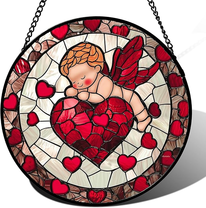 Stained Glass Window Hanging - Red Love Angel Sun Catcher for Door Garden Home Decor Cute Suncatcher Christmas Mother's Day Birthday for Women Men Mom Nana 7.8 in
