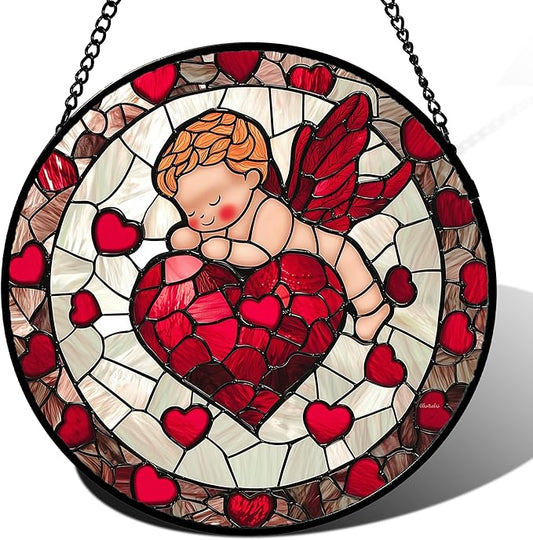 Stained Glass Window Hanging - Red Love Angel Sun Catcher for Door Garden Home Decor Cute Suncatcher Christmas Mother's Day Birthday for Women Men Mom Nana 15 in