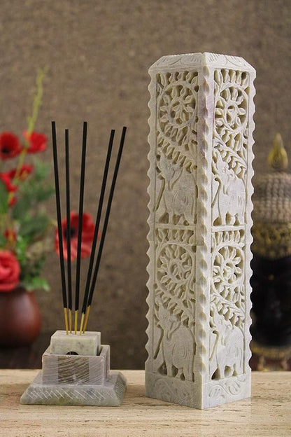 Carry Me Handmade Marble Soapstone Incense Stick Burner | Candle Stick Holder | Tea Light Stand - Perfect Elephant Carving for Gifting. Decorative Home and Kitchen Decor (3 x 3 x 11 Inches)