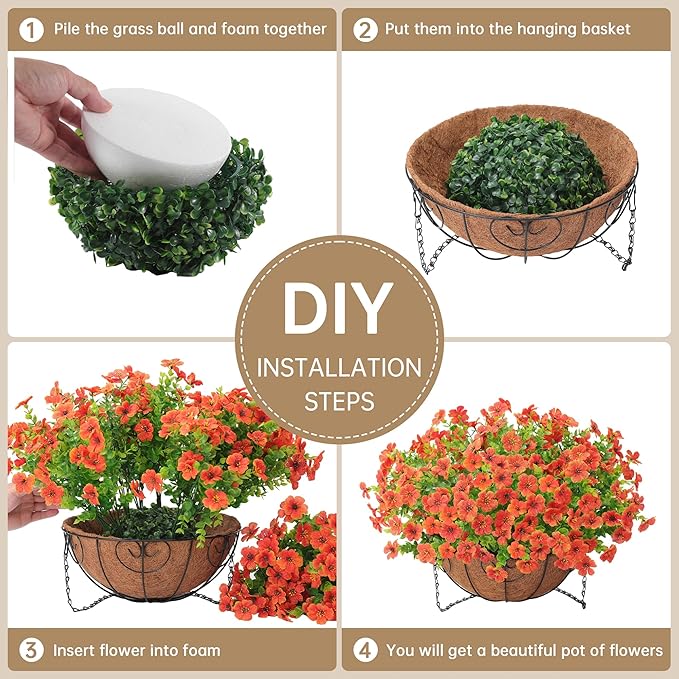 Artificial Fake Hanging Plants Flowers Basket Outdoors Summer Autumn Decor, Hanging Planter with Faux Silk Daisy Flowers Realistic UV Resistant for Outside Home Porch Front Patio Balcony Garden Orange