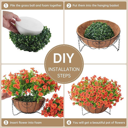 Artificial Fake Hanging Plants Flowers Basket Outdoors Summer Autumn Decor, Hanging Planter with Faux Silk Daisy Flowers Realistic UV Resistant for Outside Home Porch Front Patio Balcony Garden Orange