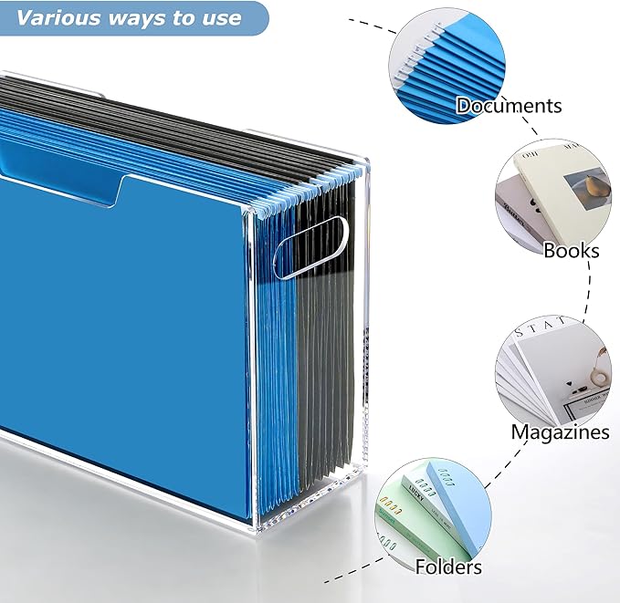 DINGHUO Legal Size File Organizer, Acrylic Protable Hanging File Organizer with Handles, Clear Storage File Folder Holder Filing Box Crate for Desk, School, Office Supplies - 1 Pack