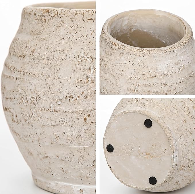 Briful 5'' Ceramic Rustic Vase Shabby Vintage Textured Vases, 3.5'' Wide Mouth Pampas Jar Vase Pottery for Fake Flowers Branches, Farmhouse Home Décor, Weddings Shelf Table Decor, Cream White
