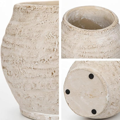 Briful 5'' Ceramic Rustic Vase Shabby Vintage Textured Vases, 3.5'' Wide Mouth Pampas Jar Vase Pottery for Fake Flowers Branches, Farmhouse Home Décor, Weddings Shelf Table Decor, Cream White