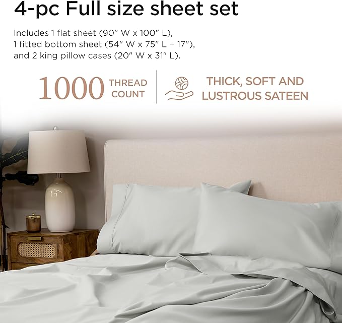 Threadmill Luxury Supima Cotton Sheets, Luxury 1000 Thread Count Soft 100% Cotton Sheets for Full Size Bed, 4 Pc Light Grey Bed Sheets Full Set, 5-Star Hotel Quality Deep Pocket Bed Sheets Set