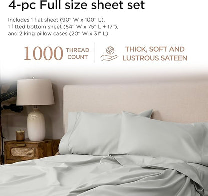 Threadmill Luxury Supima Cotton Sheets, Luxury 1000 Thread Count Soft 100% Cotton Sheets for Full Size Bed, 4 Pc Light Grey Bed Sheets Full Set, 5-Star Hotel Quality Deep Pocket Bed Sheets Set