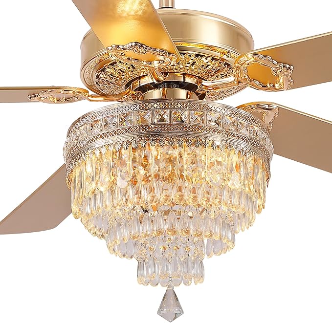 Asyko Crystal Ceiling Fan Fandelier with Lights - 62" Modern Outdoor Fans with Remote Control，Noiseless DC Motor, Retro/Farmhouse Lighting, Dining Room,Living Room (Gold