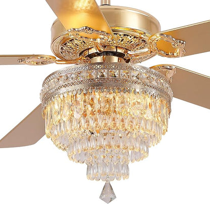 Asyko Crystal Ceiling Fan Fandelier with Lights - 62" Modern Outdoor Fans with Remote Control，Noiseless DC Motor, Retro/Farmhouse Lighting, Dining Room,Living Room (Gold