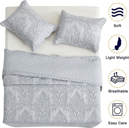 CHIXIN Bedspread Coverlet Set Queen Size - Lightweight Bedding Cover - Beautiful Stitching - 5 Piece Reversible Bedspread - Luxury Damask Paisley Pattern (Queen, Light Grey)