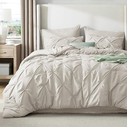 Bedsure Queen Comforter Set Linen - Bed in a Bag Queen Size Bedding 7 Pieces, GentleSoft™ Pintuck Bed Set Gift for Family, Pinch Pleat All Season Comforter with Sheets, Pillowcases & Shams