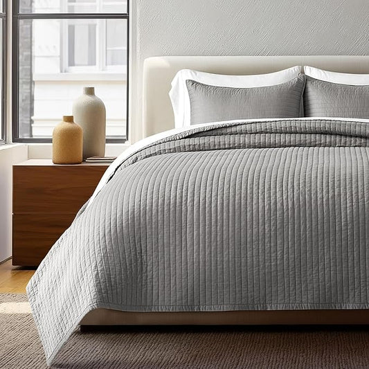 EVERGRACEHOME Cotton Sateen Quilt Set Queen Size, Pre-Washed Cotton Channel Stitch Coverlet Bedspread, 3 Pieces Lightweight Soft Bedding Sets for All Season, with 2 Pillow Shams, Fog Gray