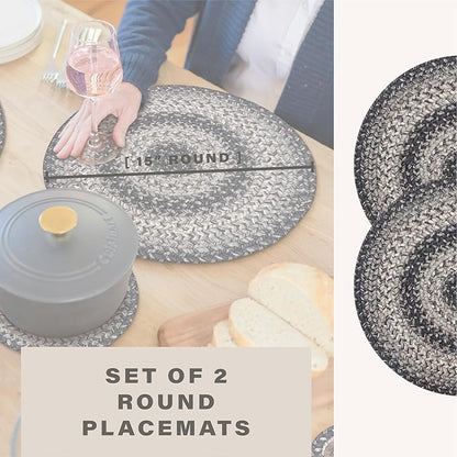 Homespice Flint Hill Round Braided Placemats, Warm Primitive Decor, Set of 2, 15", Grey Jute Table Mats - Vibrant Colors, Durable, Easy to Clean and Protects Furniture