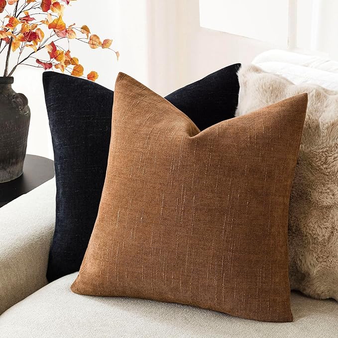 Foindtower Pack of 2 Soft Textured Chenille Throw Decorative Pillow Covers Square Accent Solid Cushion Cover Cozy Farmhouse Pillow Case with Zippe for Couch Sofa Bed Living Room 24x24 Inch, Bronze