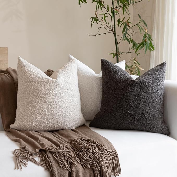 Boucle Decorative Throw Pillow Covers for Couch Set of 2, 26x26 inches, Beige