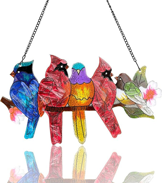 DASTOLL Stained Glass Window Hanging - Large Stained Glass Birds on Branch, Birds Sun Catchers Indoor Window with Chain and Hook Gifts for Bird Lover, Mom, Grandma, Stocking Stuffers for Women