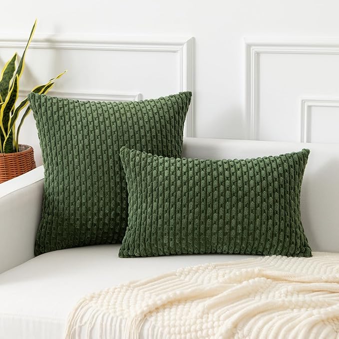 Kevin Textile Throw Pillow Covers Soft Corduroy Decorative Set of 2 Boho Striped Pillow Covers Pillowcases Farmhouse Home Decor for Couch Bed Sofa Living Room 16x16 Inch Moss Green