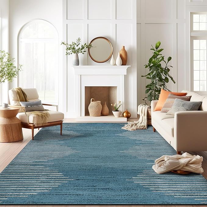 Rugshop Bohemian Stripe Stain Resistant High Traffic Living Room Kitchen Bedroom Dining Home Office Area Rug 7'10" x 10' Blue