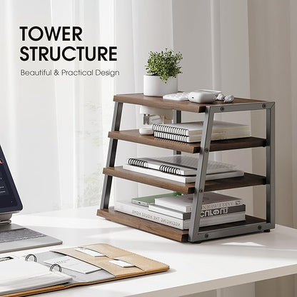 Fenge Desk Shelf Organizer, 4 Tier Desktop Shelf, Wood and Metal Office Shelves, Corner File Organizer for Office Supplies, Top of Desk Organizers and Accessories