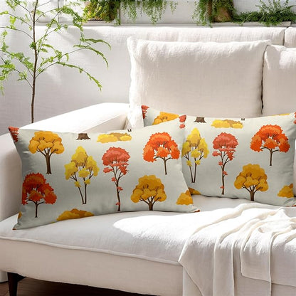 Fall Lumbar Pillow Covers 12x20 Set of 2 Red Orange Maple Tree Leaf Autumn Outdoor Pillows Case with Zipper Forest Print Pattern Decorative Cushion Rustic Decoration Farmhouse Sofa Couch Bed Decor