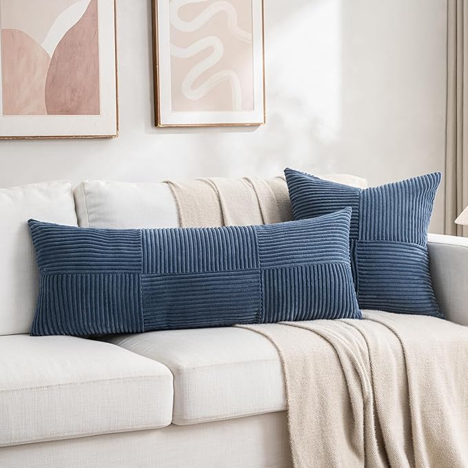 Fancy Homi 2 Packs Dusty Blue Decorative Throw Pillow Covers 20x20 Inch for Living Room Couch Bed Sofa, Rustic Farmhouse Boho Home Decor, Soft Corss Corduroy Patchwork Accent Cushion Case 50x50 cm