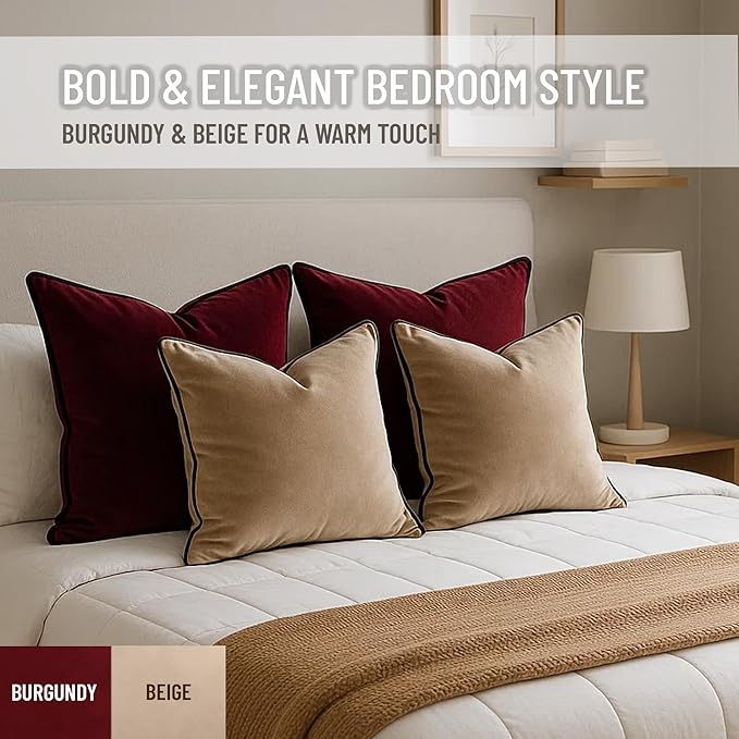 2 Pack Velvet Decorative Throw Pillow Covers, 18"x18", Beige and Brown, Solid, Modern, Contrast Piping, Indoor Use, Bedroom & Living Room