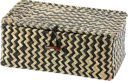 Hipiwe X-small Wicker Basket with Lid Natural Seagrass Storage Baskets Box Handwoven Household Organizer Box Multipurpose Woven Storage Basket for Shelf Closet,Black