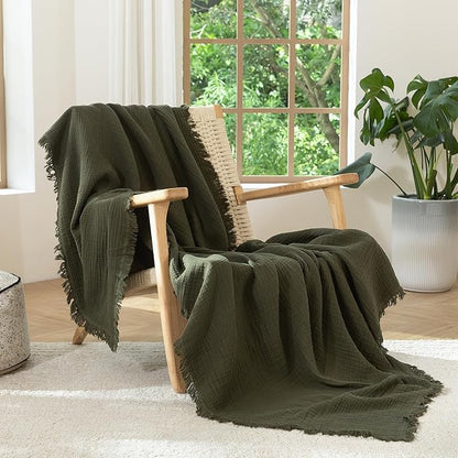 MooMee Muslin Blanket - 100% Cotton 4-Layer Gauze Throw Blanket with All-Around Fringe, Ultra-Soft Breathable Lightweight Cooling Decorative for Bed, Sofa & Couch (Olive Green,Twin XL 66" x 90")