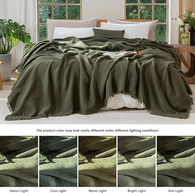 MooMee Muslin Blanket - 100% Cotton 4-Layer Gauze Throw Blanket with All-Around Fringe, Ultra-Soft Breathable Lightweight Cooling Decorative for Bed, Sofa & Couch (Olive Green,Throw XL 50" x 70")