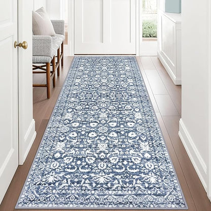 Vintage Runner Rug 3x8, Light Blue White Washable Kitchen Runner Non-Slip Soft Hallway Rug Runner Thin Print Faux Wool Carpet for Entryway Bedroom Laundry Room Indoor Home Office Decor