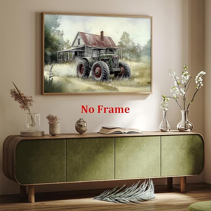 Vintage Tractor Pictures Farmhouse Truck Wall Art Rustic Farmhouse Painting Old Barn Posters Vintage Country Paintings Modern Farm Prints Green Tractor Pictures for Living Room 16x24in No Frame