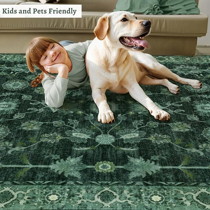 Tangsoo Green 2x6 Runner Rug Non Slip Washable for Kitchen Bathroom, Vintage Floral Boho Rug Runner for Hallway Entryway, Low Pile Carpet Door Mat Indoor Entrance for Bedroom Laundry Pet&Kids Friendly