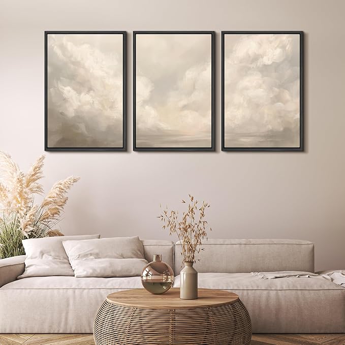MUDECOR Framed Wall Art Print Set Neutral Cloudscape Soft Beige Abstract Sky Illustrations Modern Art Boho Decorative Colorful Chic for Living Room, Bedroom, Office - 16"x24"x3 Black