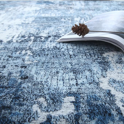 Rugcomf 3x5 Area Rug Blue Soft Abstract Boho Vintage Pattern Non-Slip Non-Shedding Faux Wool Washable for Bedside, Bedroom, Kitchen, Floor, Indoor