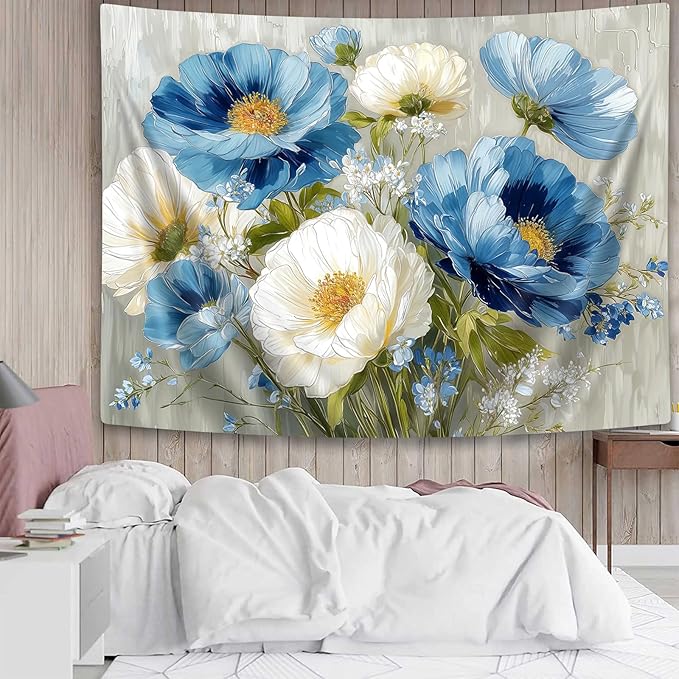 DYNH Blue White Floral Tapestry,Natural Aesthetics Elegant Tapestrie,Modern Flower Painting Wall Hanging,Watercolor Aesthetic Art Decor for Bedroom Living Room Dorm,90X70In