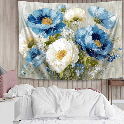 DYNH Blue White Floral Tapestry,Natural Aesthetics Elegant Tapestrie,Modern Flower Painting Wall Hanging,Watercolor Aesthetic Art Decor for Bedroom Living Room Dorm,90X70In