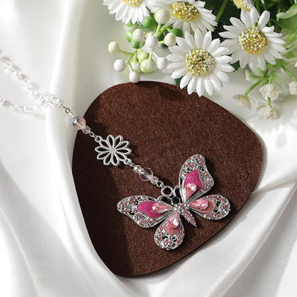 Rear View Mirror Accessories Car Charm - Pink Crystal Butterfly Hanging Ornament, Sun Catcher Window Pendant for Car Interior Decoration, Christmas Birthday Gifts for Mom Aunt