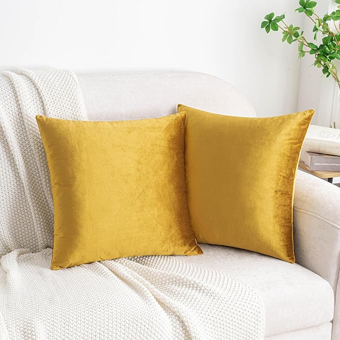 HWY 50 Dark Gold Velvet Throw Pillow Covers 18x18 Inch, Pack of 2 Soft Cozy Solid Decorative Luxury Cushion Cases for Couch Sofa Bed Living Room Bedroom