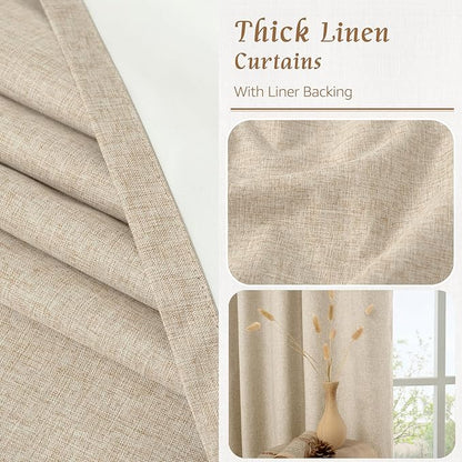 LAMIT Full Blackout Window Curtains for Bedroom, 54 Inches Thermal Farmhouse Curtains Back Tab and Rod Pocket Privacy Protected Burlap Panels with White Liner, 2 Panels, 38 x 54 Inch, Linen