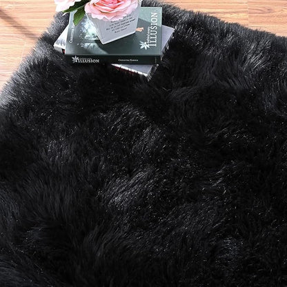 Black Shag Washable Furry Fur Area Rugs for Bedroom Faux Sheepskin Fuzzy Fur Nursery Rug Runners 2x6 Cute Room Décor