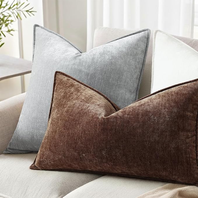 decorUhome Spring Couch Throw Pillow Covers 12x20 Set of 2, Decorative Soft Velvet Neutral Chenille Lumbar Pillow Covers with Elegant Design for Sofa Bed Living Room Home Decor, Dark Brown