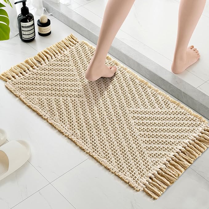 H.VERSAILTEX Waffle Bath Mat Super Absorbent Boho Bath Mat Non Slip Bath Rugs for Bathroom Floor Machine Washable Dry Fast Bathroom Rugs with Tassels, 17" x 24", Sand